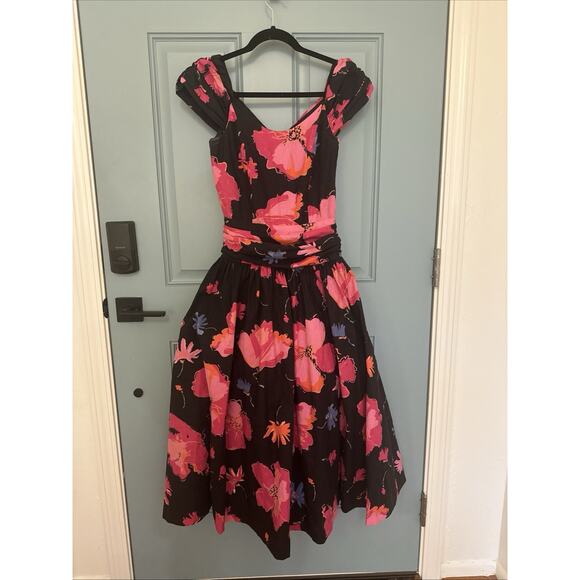 Vintage 1980s‎ Laura Ashley Great Britain Black Pink Floral Dress Full Skirt 8 - Picture 2 of 16